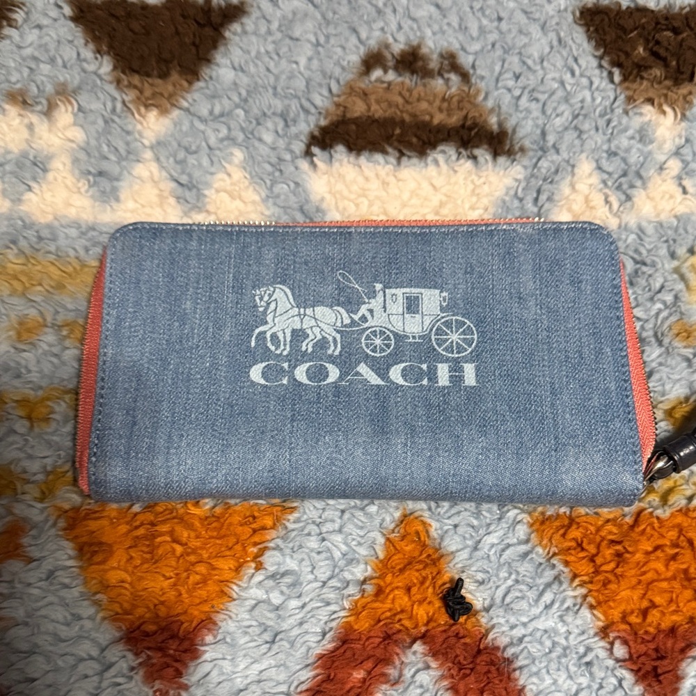 Coach Denim Blue Wallet with Coral Trim